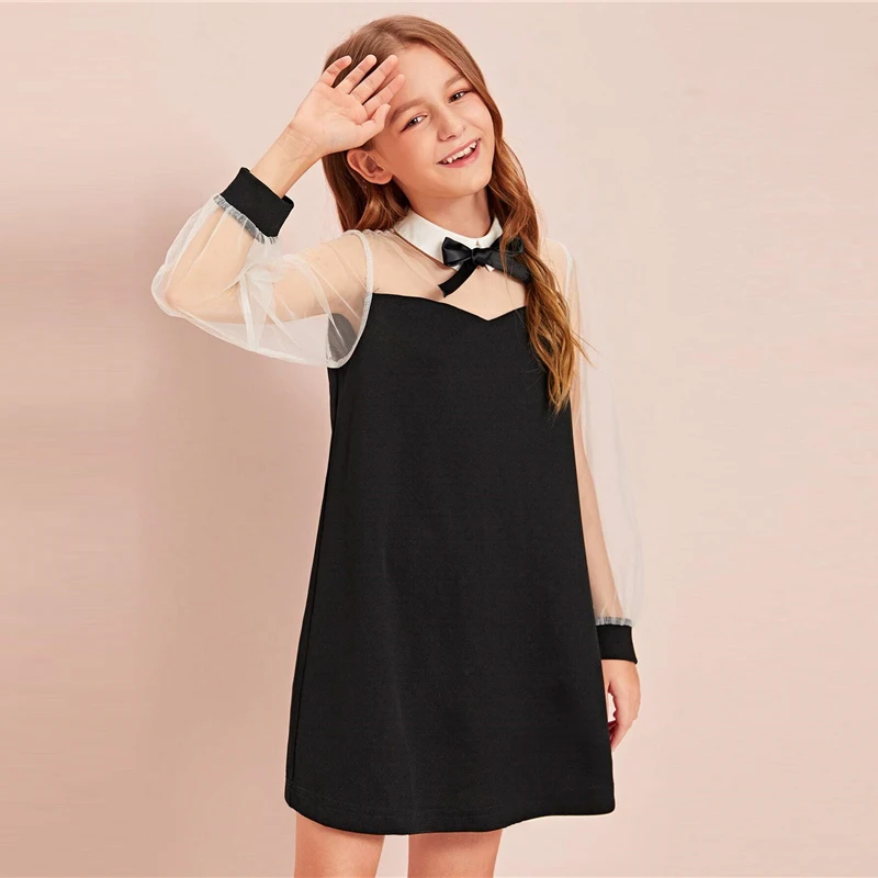 SHEIN Kiddie черный воротник бант спереди обувь для девочек консервативный дизайн платье осень контрастный сетчатый рукав пуговицы сзади линии Короткие милые платья