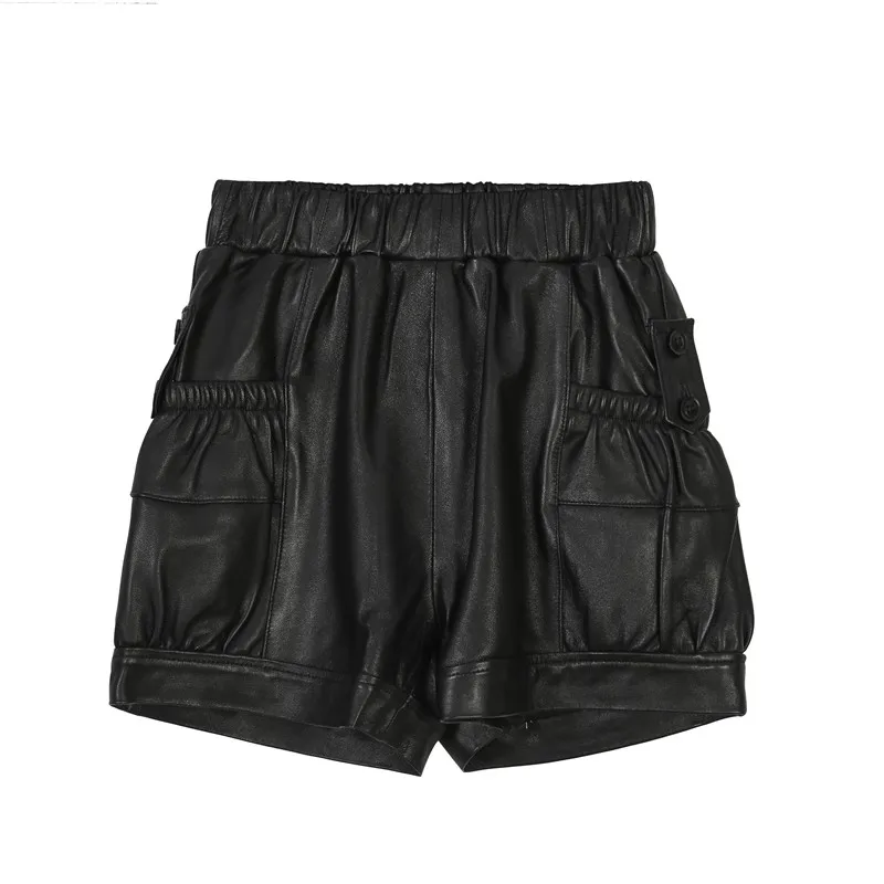 

High Street Women Casual Elastic Waist Loose Fit Shorts Pockets Moto Biker Sheepskin Genuine Leather Shorts Wide Leg Trousers