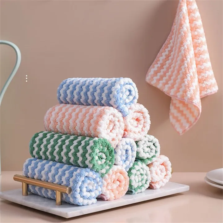 

25*25CM Cleaning Towel Multifunctional Dishwashing Cloth Anti-grease Cloth Wave/Stripe Random Color Kitchen Rag Coral Velvet