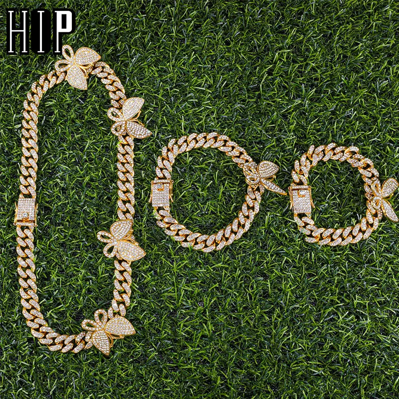 

Hip Hop Iced Out Rhinestones 1Kit 13MM Miami Butterfly Necklace +Bracelet +Ankles Cuban Chain Bling Rapper For Men Women Jewelry