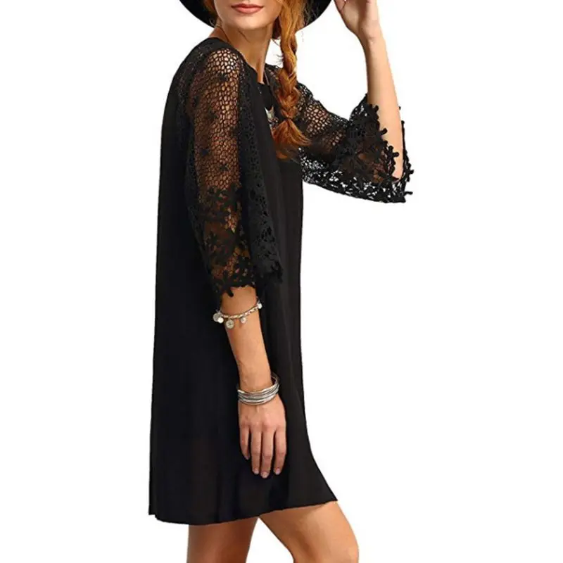 

Womens Sheer Floral Lace Splicing Half Sleeves Midi Long Dress Crew Neck Solid Color Keyhole Back Evening Party Loose Tunic BX0A