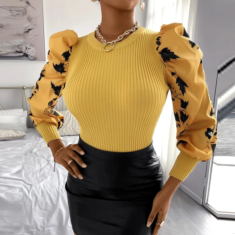 

Осень-зима 2021, женские тонкие свитера, элегантные модные топы с круглым вырезом и пышными рукавами, пуловеры, офисные женские повседневные т...