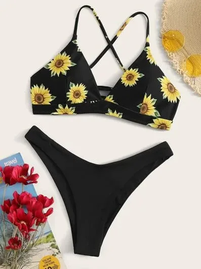 

Fashion Women Bikini Sets Split Swimsuit Set Floral Print Backless Deep V-neck Bikini Solid Color Panties For Summer