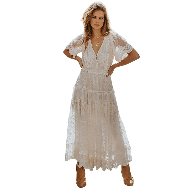 Lace Hollow Out White Ankle Length Dress Cottagecore Elegant Women Autumn Dress Plunge V-Neck Half Sleeve Lace Dress Maxi Dress