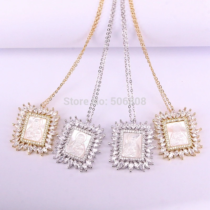 

6Pcs Fashion White Shell Pendant with Religious Jesus Virgin Portrait Pattern CZ Micro Pave Pendant Necklace