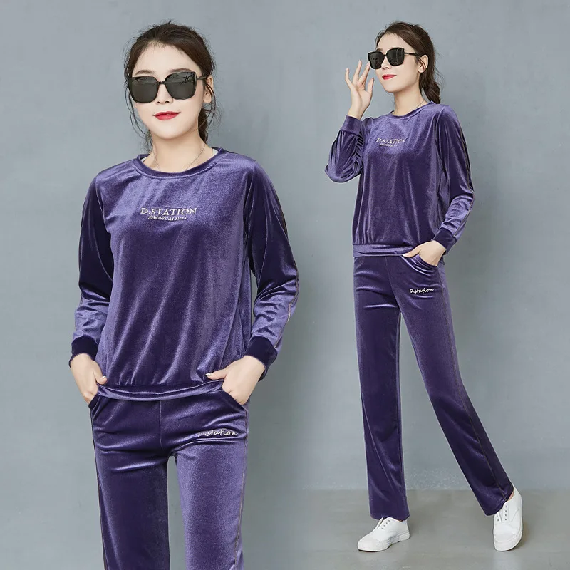 Purple long straight Осенняя и зимняя женская куртка спортивная модная повседневная мягкая велюровая Толстовка комплект из 2 предметов пуловер с длинными рукавами спортивные костюмы - Цвет: Purple long straight