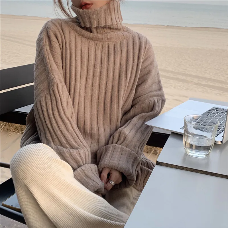 

winter thicken turtleneck simple solid striped basic sweater elegant fashion minimalist loose oversize sweater lazy style jumper