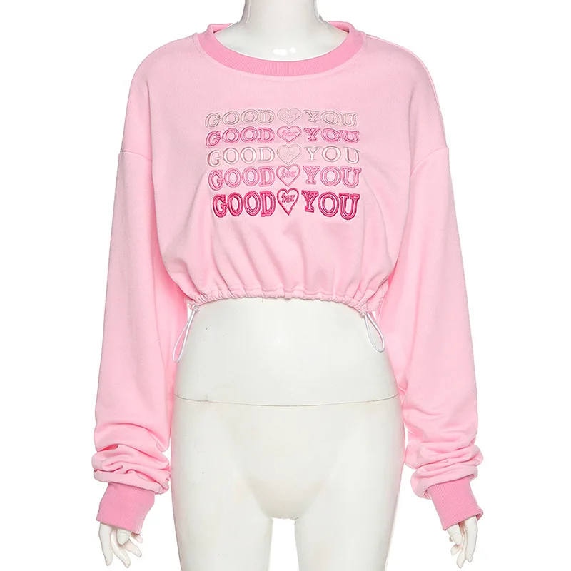 

Women Fashion Long Sleeve Round Neck Letter Embroidery Tops Stylish Drawstring Crop Top for Ladies Loose Bottoming Short T-shirt