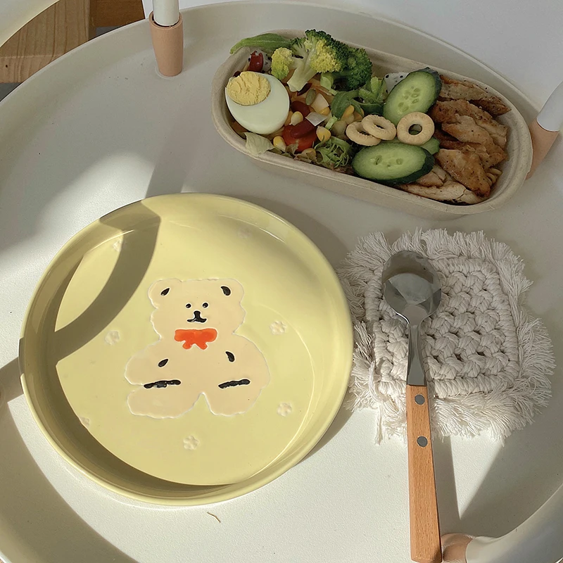 

Food Тарелки Для Еды Посуда Korean Ins Wind Hand-Painted Bear Ceramic Plate Lovely Relief Cartoon Girl Heart Dishs Luminarc