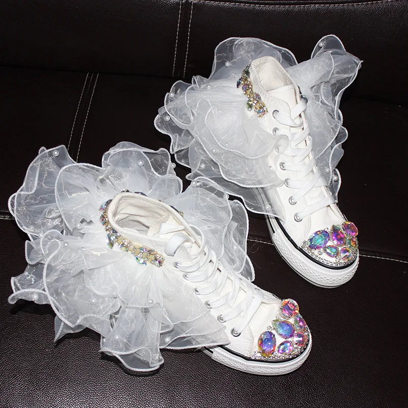 

Little white shoes women's summer increase net red color diamond net yarn tie high cut students cute leisure