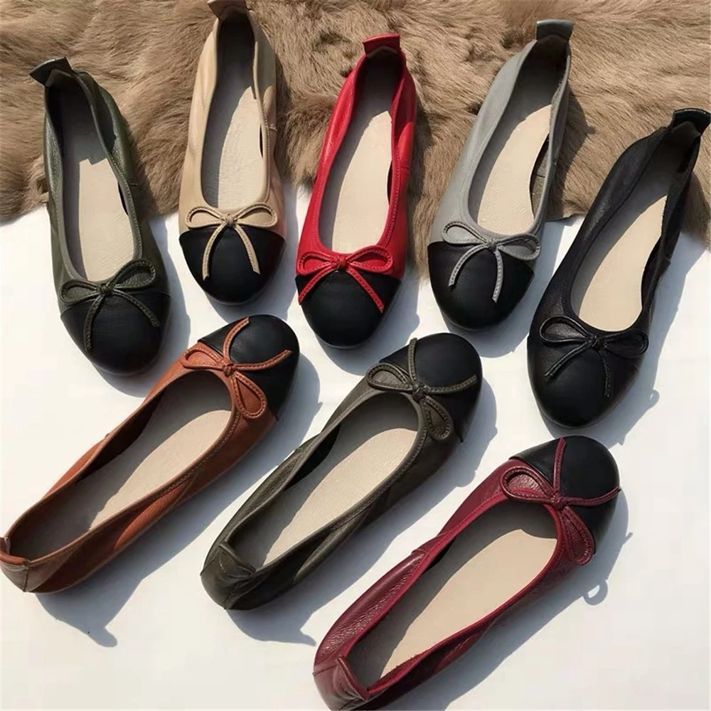 Женская обувь из натуральной кожи Женские балетки на плоской подошве с круглым