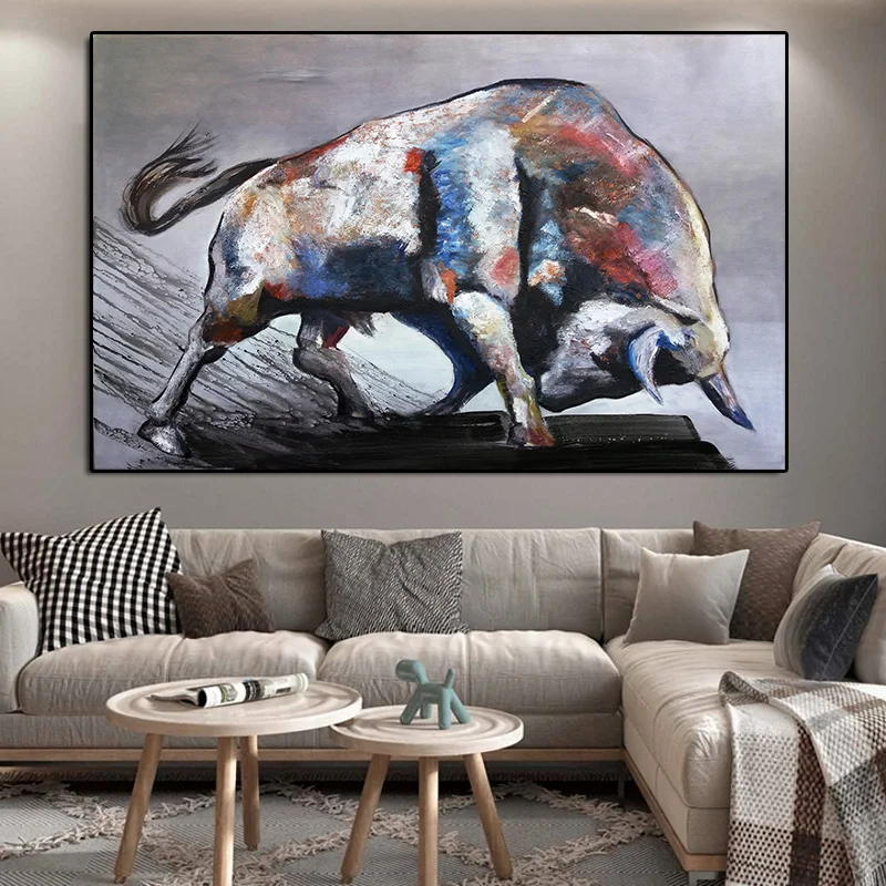 

Modern Abstract Animal Oil Painting Print Doodle Bull Posters on Canvas Wall Art Decorative Pictures for Living Room Decoration