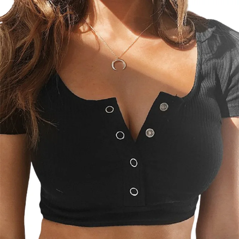 

Sexy women's ultra short cotton top tight T-shirt button open collar solid color short sleeve V-neck vest