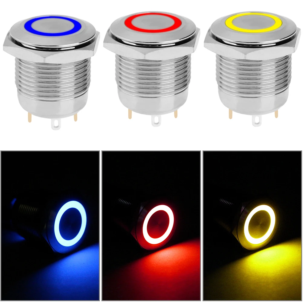 

Metal Push Button Switch 16mm Waterproof Metal Push Button LED Ring Light Car Engine Power Switch Self-lock Self-reset