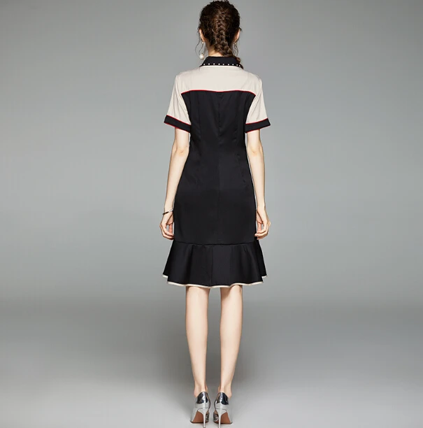 

Women's spring summer short sleeve contrast color black dress female runway fashion high waist plus size trumpet dress TB780