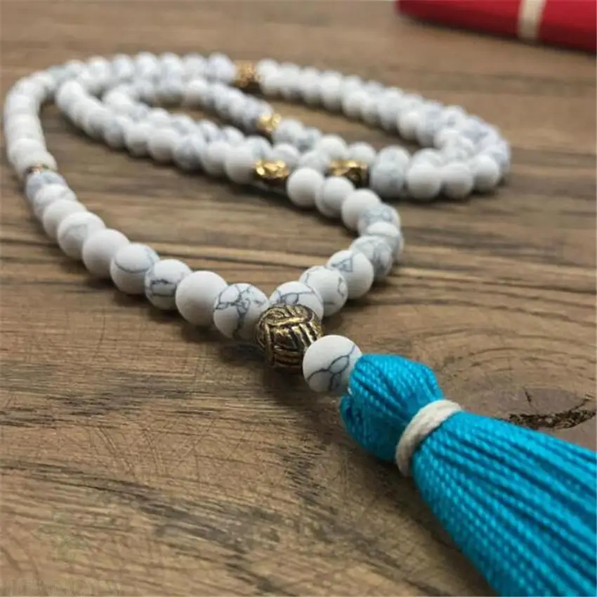 

8mm Howlite Gemstone 108 Beads Mala Necklace band Tassel Hot Lucky Fancy Wrist natural MONK men Healing Gemstone Bless Wristband