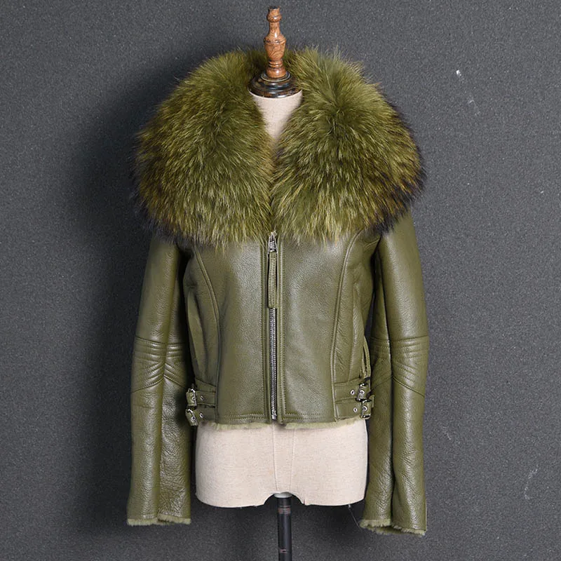 Khaki Green Пальто из натуральной кожи, Женское пальто с подкладкой из натурального меха, байкерская куртка с воротником из меха енота, новинка, S7009 - Цвет: Khaki Green