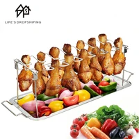 14 slots stainless steel beef chicken leg wing grill rack bbq barbecue drumsticks holder smoker oven roaster stand with drip pan