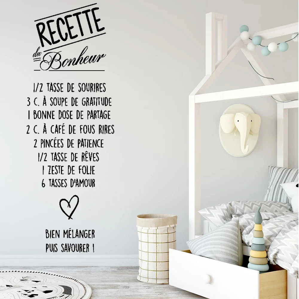 

Wall Stickers Recette Du Bonheur Bien Mélanger Puis Savourer French Quotes Decals Mural Vinyl Bedroom Livingroom Decor RU2411