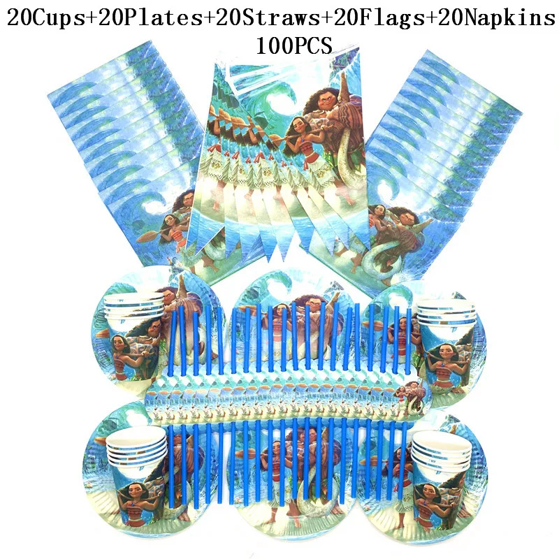 

100Pcs/lot Moana Party Supplies Blue Disposable Moana Cups Plates Napkins Straws Flag Happy Birthday Decorations For Kids