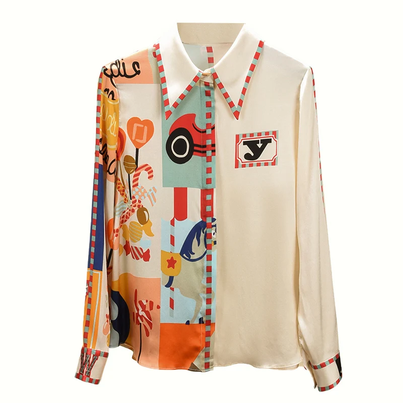 Elegant Print Silk Blouse Women Korean Long Sleeve Shirt Modis Tops 2021 New Arrival