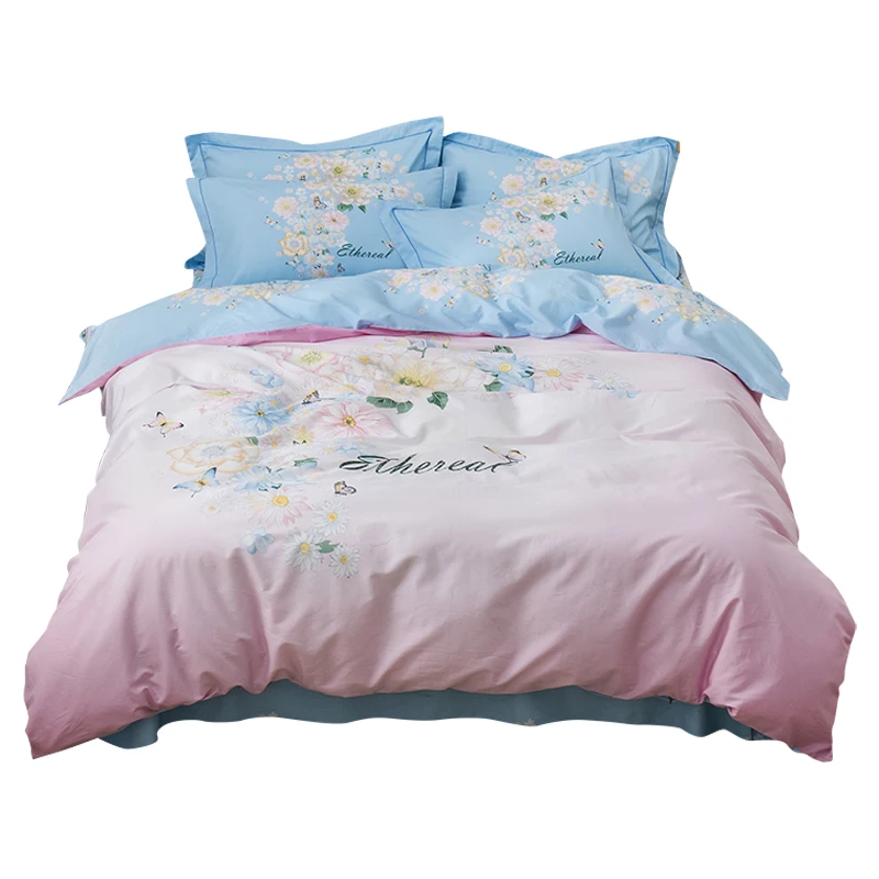 

Blue and Pink Flower Daisy Bedding Set Queen King Size 100% Cotton Fabric Print Duvet Cover Bed Sheets Pillowcase