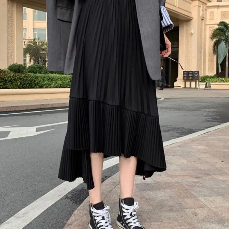 Женская плиссированная юбка, ассиметричная однотонная черная шифоновая юбка средней длины, в Корейском стиле, осень 2021 от AliExpress WW