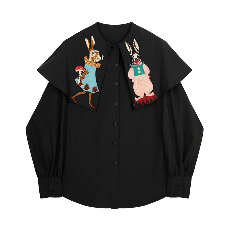 

Черная Рубашка с длинными рукавами, женская новая весенняя блузка с вышивкой кролика, женские топы в ретро-стиле с кукольным воротником, инд...