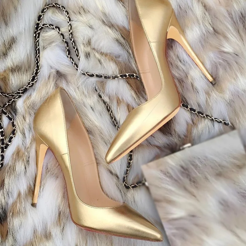Брендовые туфли из матовой кожи на высоком каблуке Золотистые лодочки с закрытым