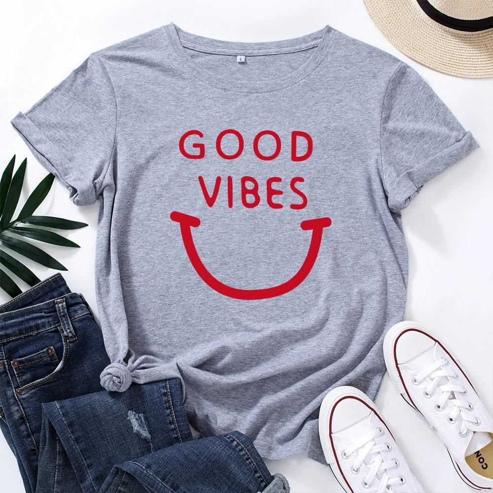 

Harajuku Letters Good Vibes Print Women T-shirt Tee Shirts Smile Graphic Basic Tops Streetwear Tshirt TX5981