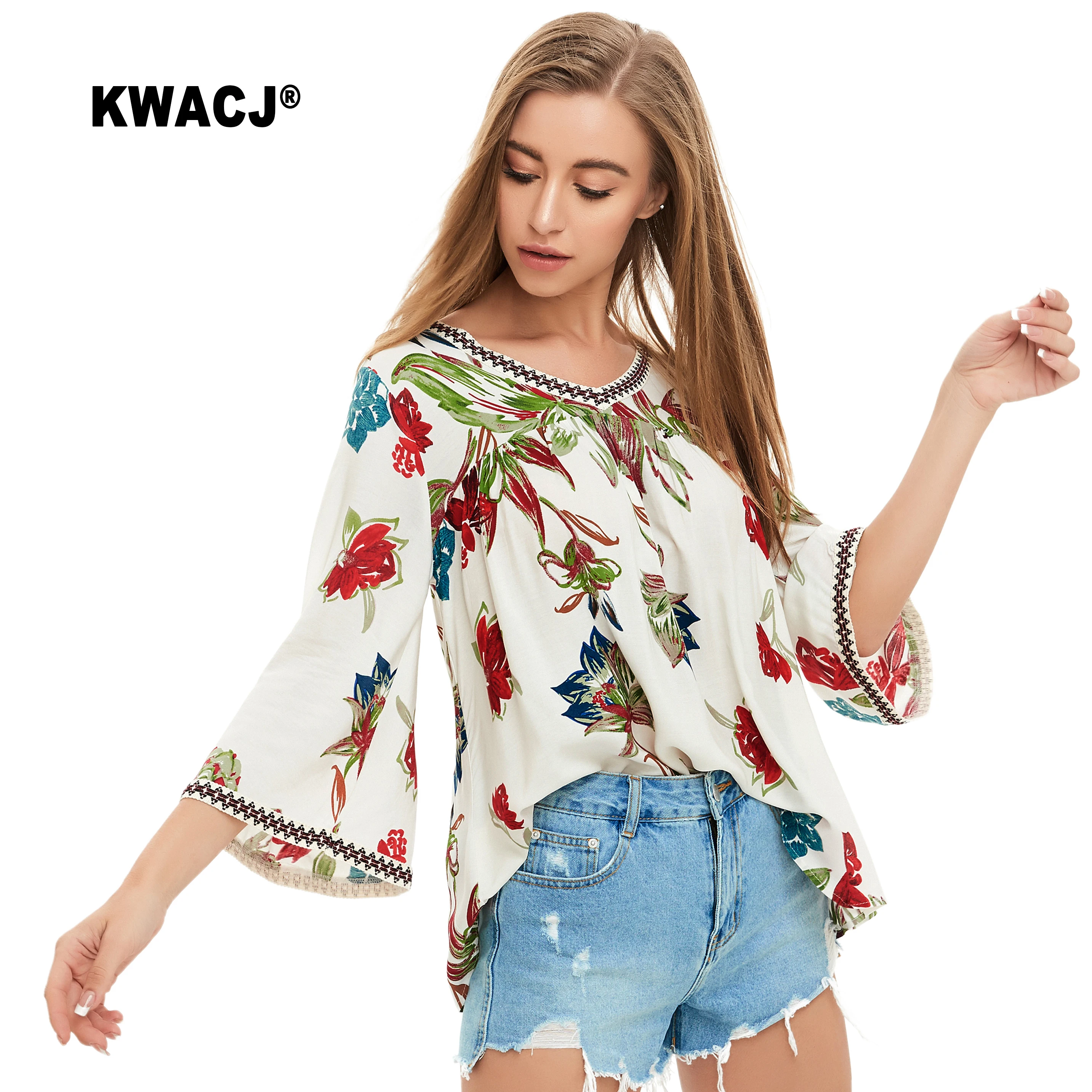 KWACJ Boho блузка с растительным принтом осенняя расклешенная блуза длинным рукавом
