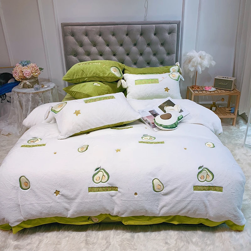 Зимний Бархатный комплект постельного белья с вышивкой авокадо груши фруктов
