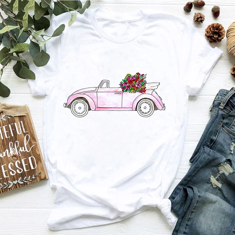 

Fashion Casual Tshirt Gorgeous Flower Pink Car Tshirt Round neck Short-sleeved Tshirt 2021 Summer T-shirt Women