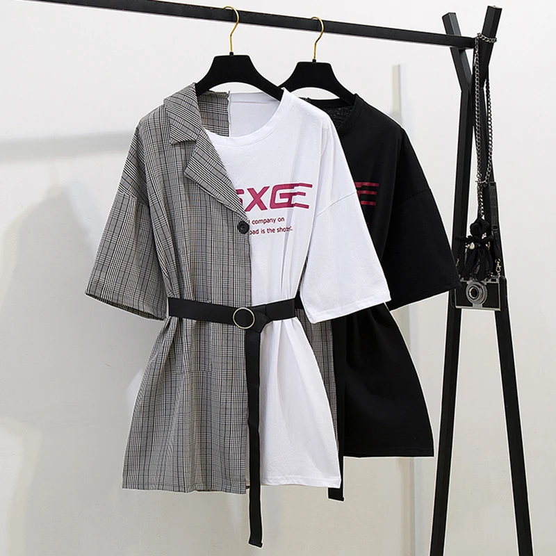 

Женское летнее платье с коротким рукавом, черно-белое платье в клетку с поясом размера плюс