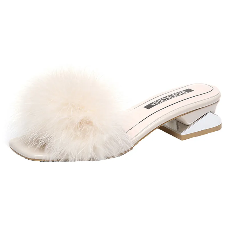 Тапочки из страусиного меха ярких цветов Женские меховые сандалии на толстом
