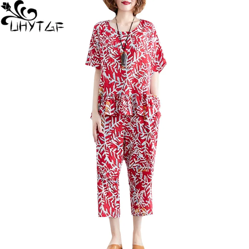 

UHYTGF Fashion women summer two piece set women cotton linen printed ruffles comfortable loose plus size set tracksuit women 893