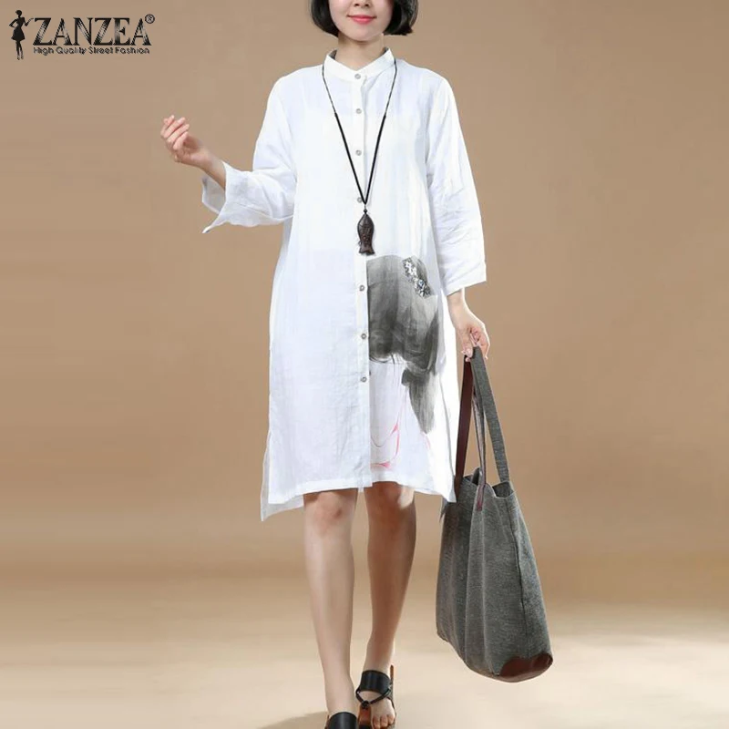 

Женский богемный сарафан, осенний винтажный кафтан ZANZEA с длинным рукавом и принтом, повседневное женское пляжное платье с круглым вырезом