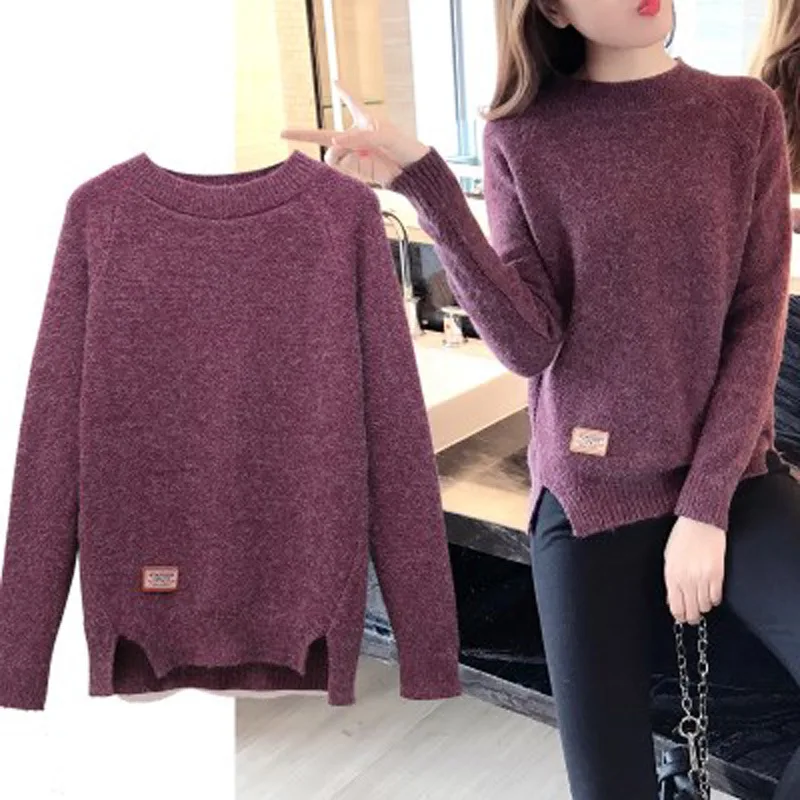 

Spring Autumn Woman's O-Neck Solid Loose Knitted Sweaters Casual Long Sleeve Ladies Knit Jumpers Basic Slit Pullovers for Female