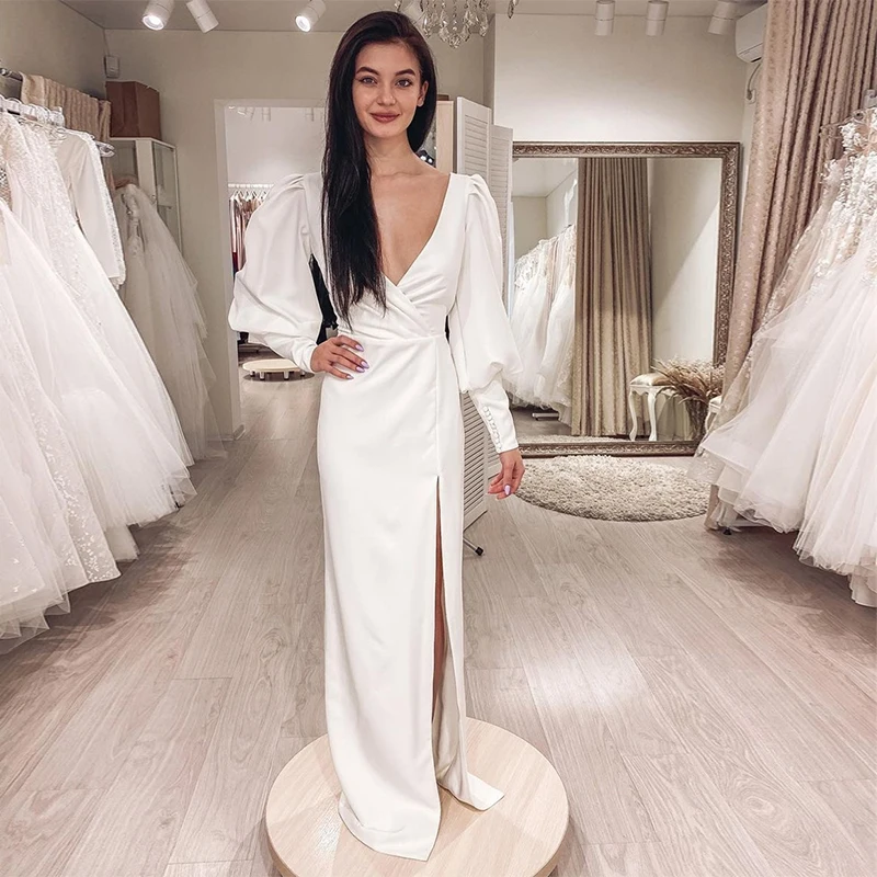 MoonlightShadow Luxury Wedding Dresses Sheath Deep V-neck Puff Sleeves Satin Furcal Floor-length Bridal Gown Robe De Mariée