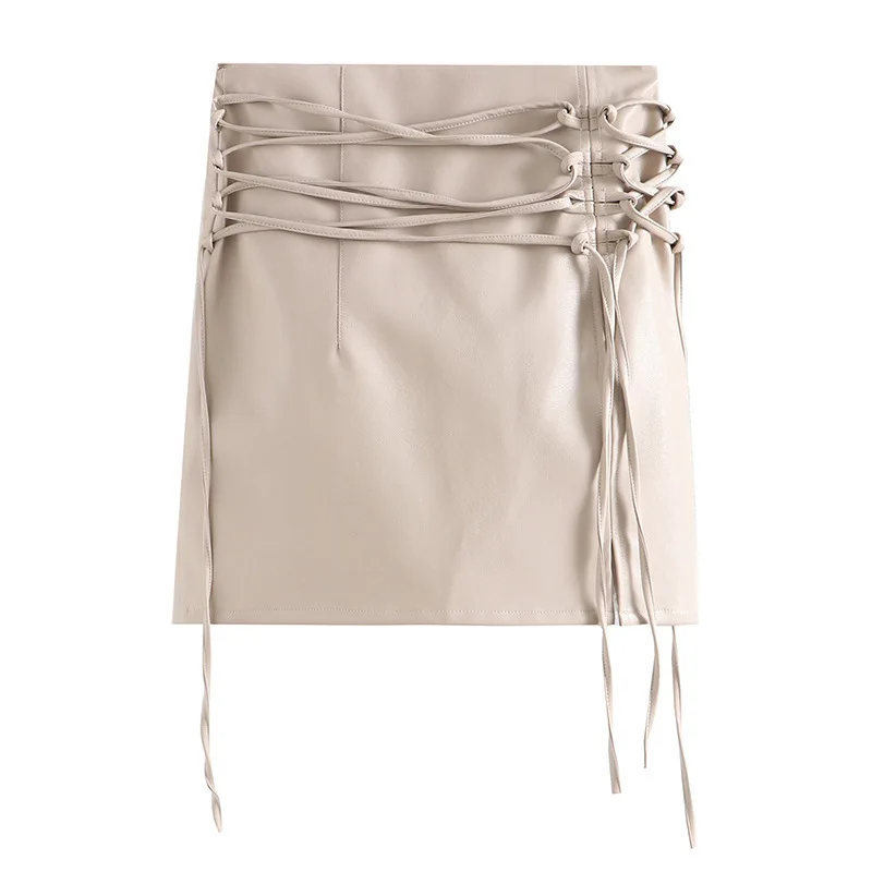 

Beige New High Waist Laced Up Short Skirt Leather Skirts Autumn Winter Korean Trend High Street Black Sexy Women Mini Skirt юбки