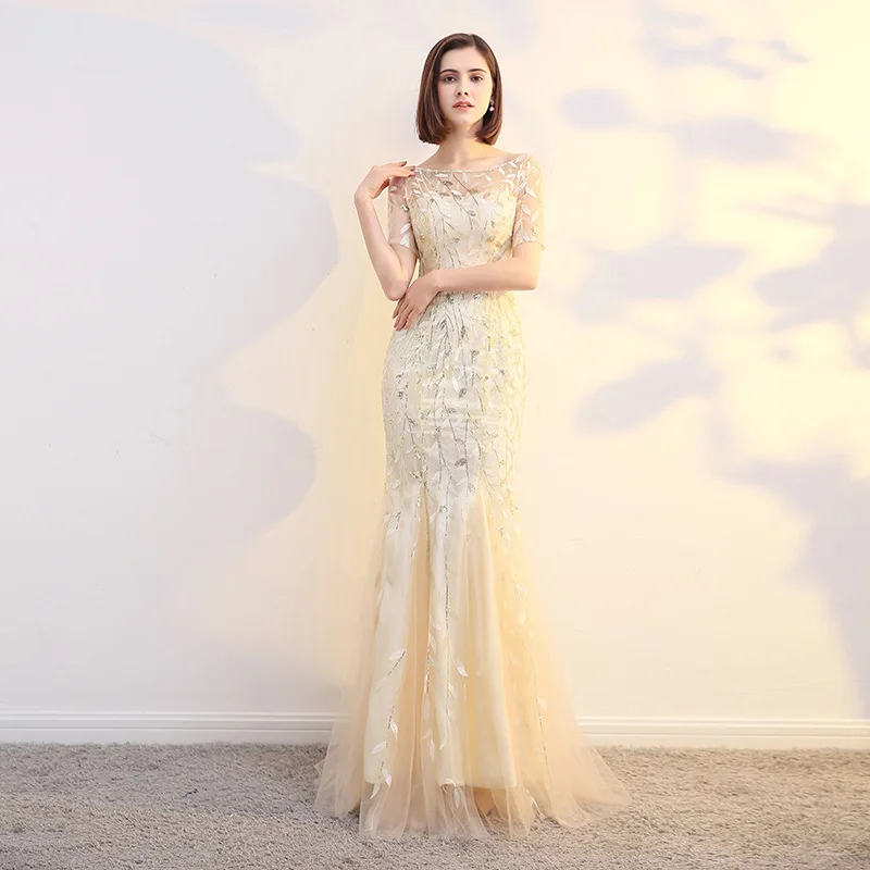 

Navy Blue Evening Dresses O Neck Applique Short Sleeves Mother of the Bride Gowns Mermaid Zipper Back Floor Length