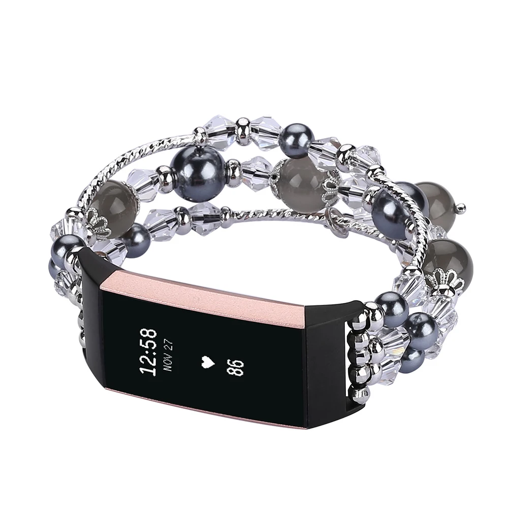 Jewelry Bracelet Watch Band for Fitbit Charge 4 Smartwatch Elastic Beaded Replacement Strap for Fitbit Charge 3 Bands Luxury