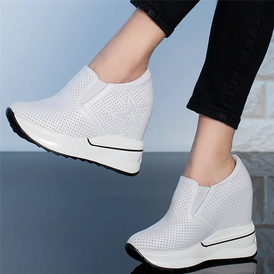 Туфли-лодочки женские из натуральной кожи на танкетке с круглым носком дышащие