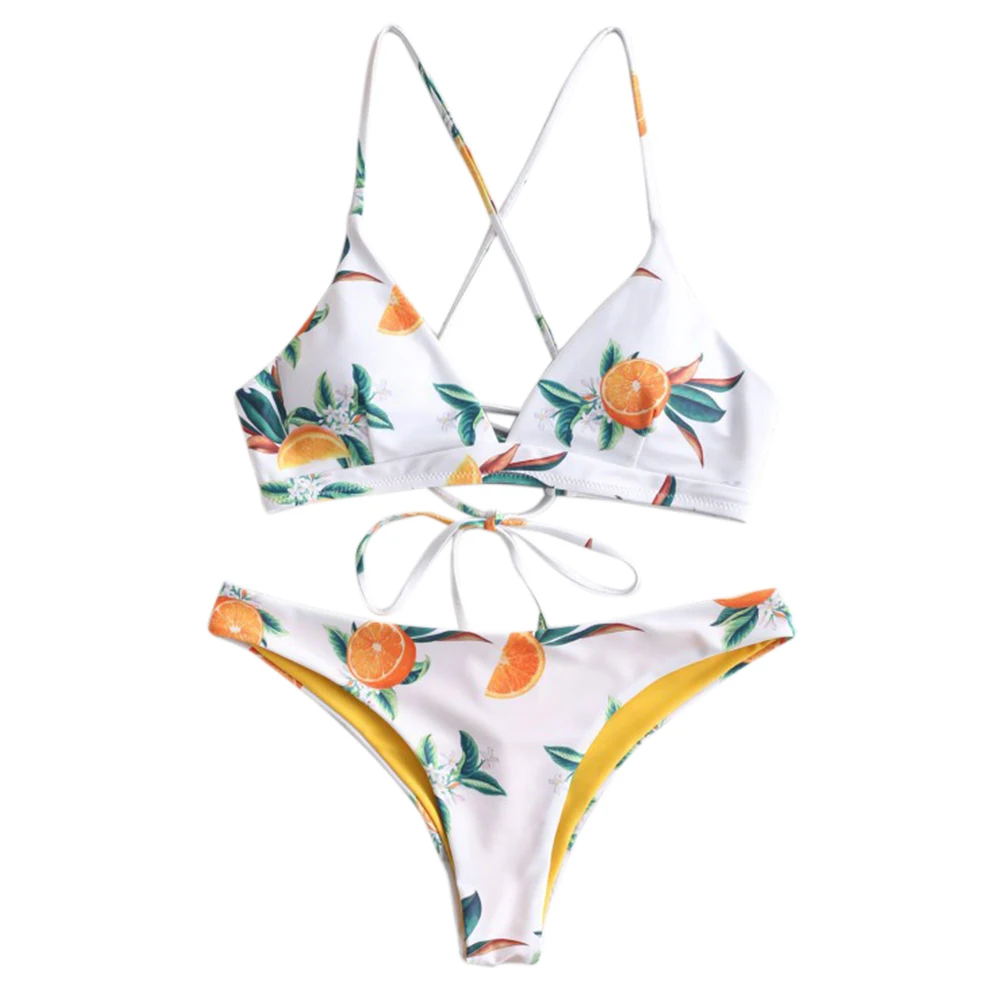

Women V Neck Bikini Set Beach Two Piece Sling High Waist Criss Cross Adjustable Triangle Cup Sexy Backless Swimming Orange Print