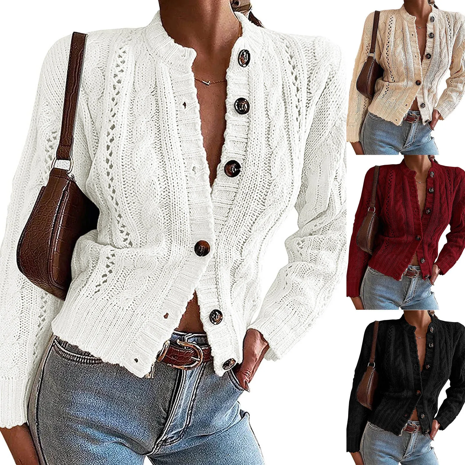 

Женский вязаный Кардиган, свитера, женское короткое пальто с V-образным вырезом, однобортная трикотажная одежда На весну и осень, однотонный...