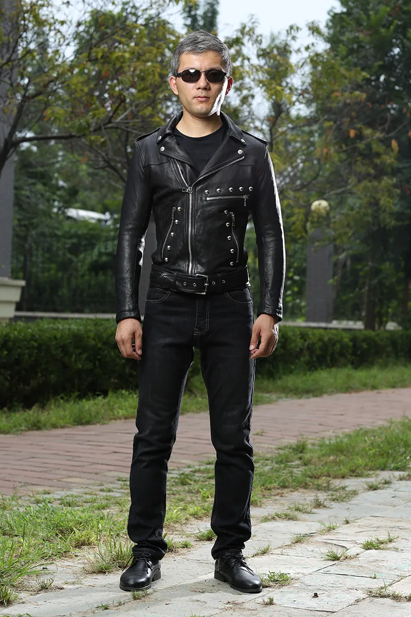 

Fashion rivet slim fit motorcycle tight style black sheepskin moto biker jacket for punk leather coat men