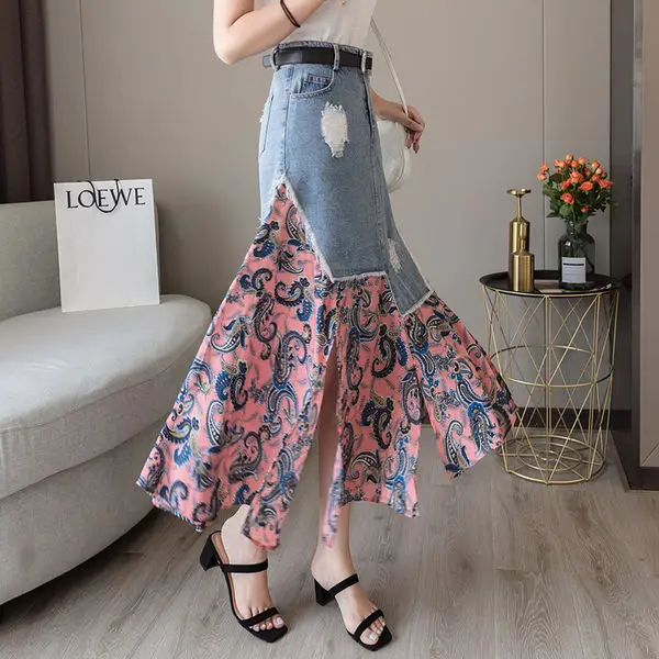 

2021 Spring Summer Women Skirt Mid-Calf High Waist Casual Patchwork Vintage Korean Style New Fashion Office Lady Clothes D263