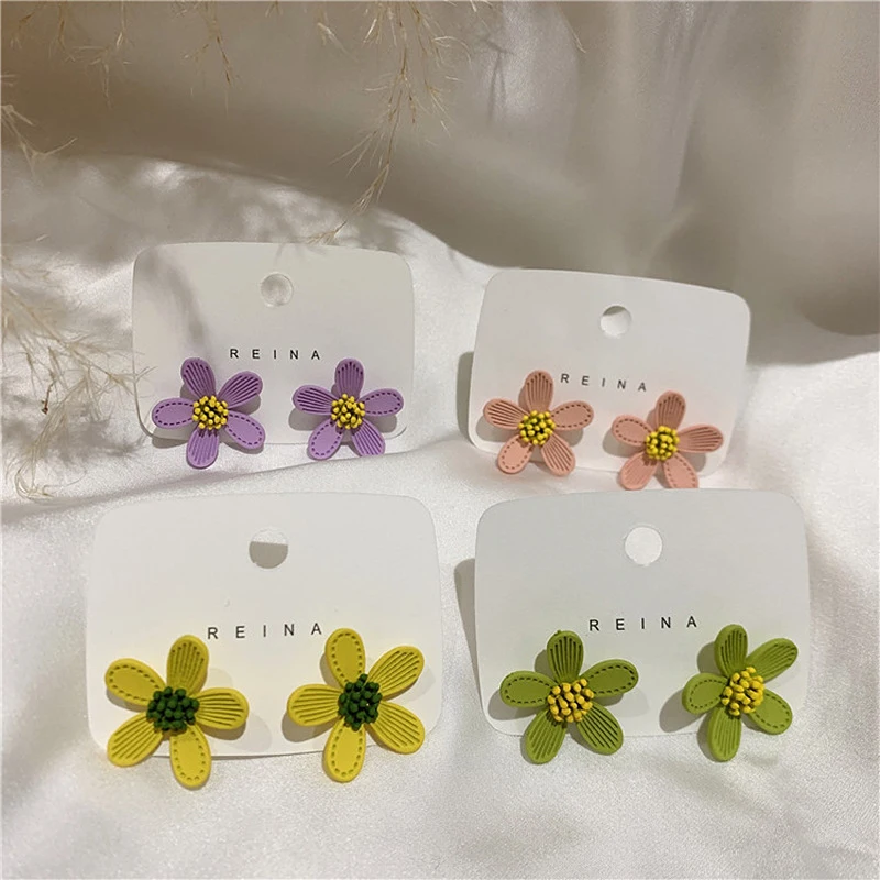 

925 Sterling Silver Earrings Stud for Women Ins Korean Style Cute Daisy Sun Flower Girls Gift Summer Colors Hot Fashion Jewelry