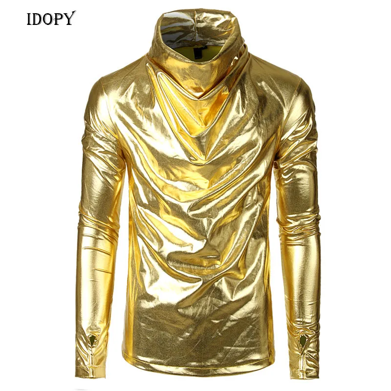 

Idopy Men`s Hip Hop Fake Faux Leather T Shirts Long Sleeve Turtle Neck Hipster Hiphop Street Style Tees For Male