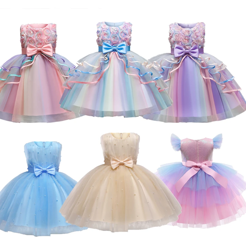 

2021 Wedding Party Dress For Girls Layered Bow Lace Costume For Children Sleeveless Multi-color For Kids Birthday Ball Gown